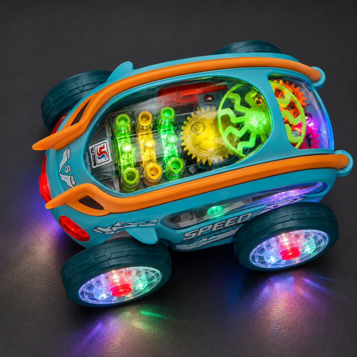 Batteriebetriebenes Stunt-Auto mit sichtbarem Zahnradantrieb und LED-Effekten